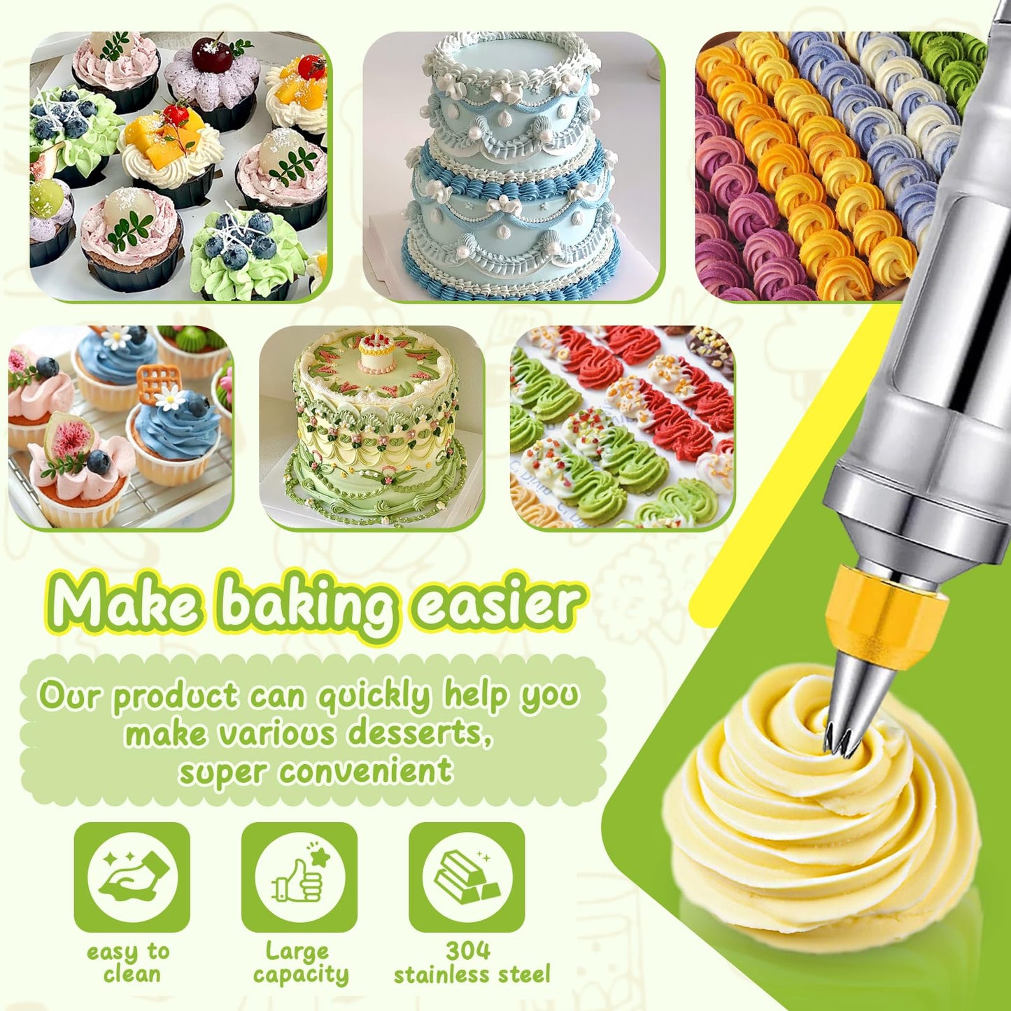 NOVANO Dessert Decorating Syringe Set, Frosting Piping Kit Stainless Steel Cake Decorating Kit with 54 Piping Tips & 9 Silicone Cupcakes, Yellow