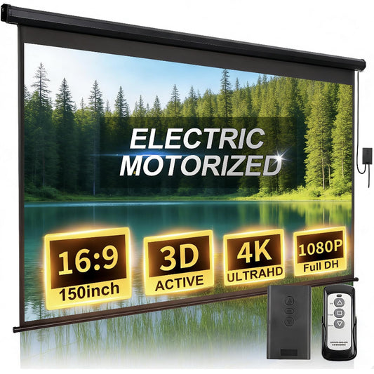 150 Inch Projector Screen Motorized 16:9 HD Electric Rising Projector Screen Pull Down with Remote, Black Automatic Projection Screens Retractable Wall Mount Ceiling Movie Screens Outdoor Indoor