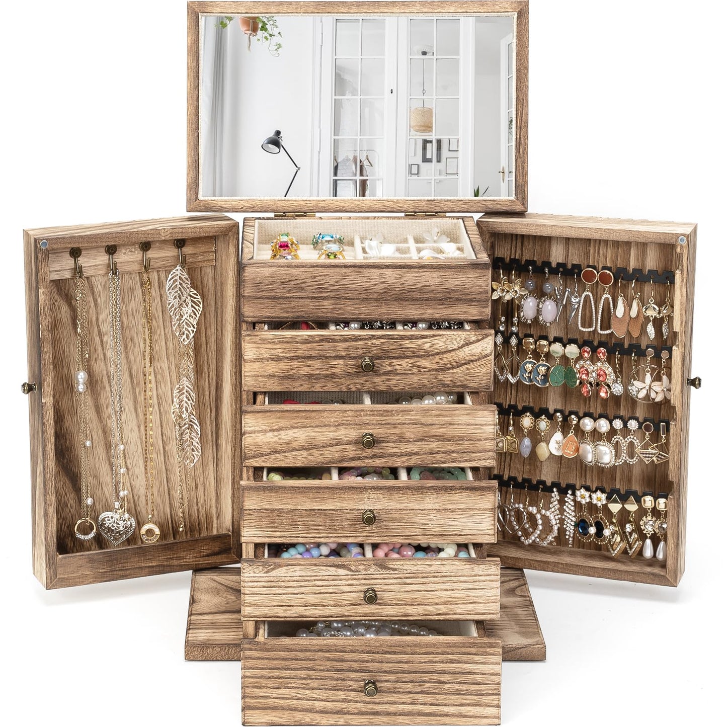 Emfogo Wooden Jewelry Box for Women, 6-Tier Large Jewelry Organizer Boxes with Mirror Rustic Solid Wood jewlery Storage Display for Rings Earrings Necklaces Bracelets watches(Carbonized Brown)