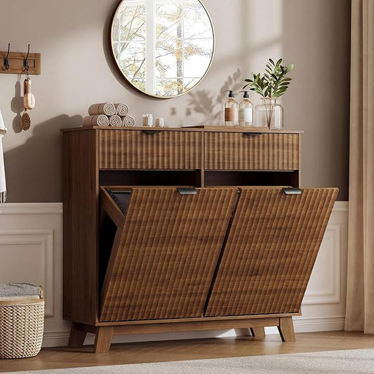 Double Tilt Out Laundry Hamper Cabinet, 20 Gallon Wooden Trash Can Cabinet with Storage Drawers, Hidden Fluted Bathroom Storage Cabinet for Kitchen, Living Room (Walnut Wood, 39.34"W x 35.83"H x 13"D)