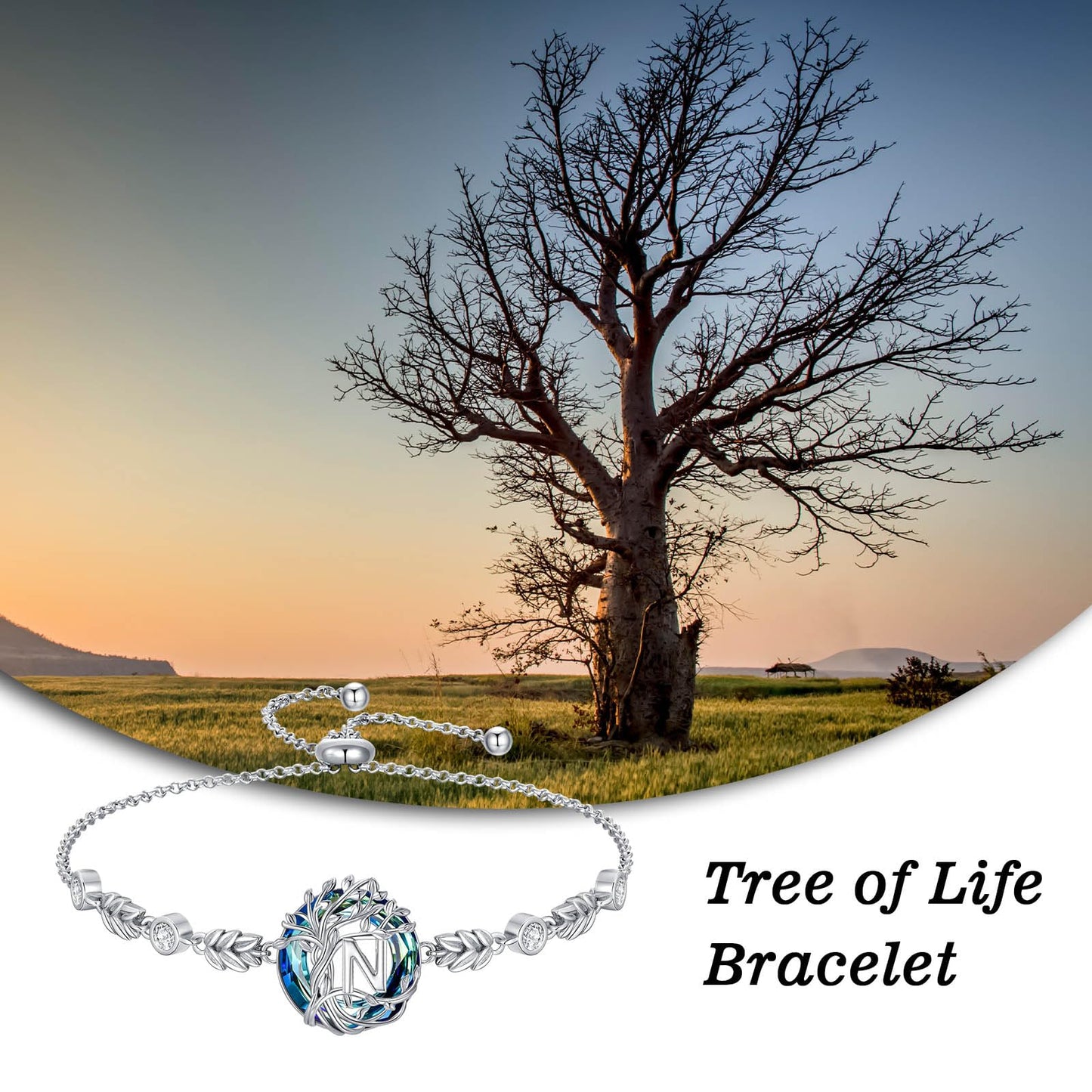 TOUPOP Tree of Life Initial Bracelet Sterling Silver Initials N Letter Link Bracelets Blue Circle Crystal Family Tree Birthday Mothers Day Jewelry Gifts for Women Mom Wife