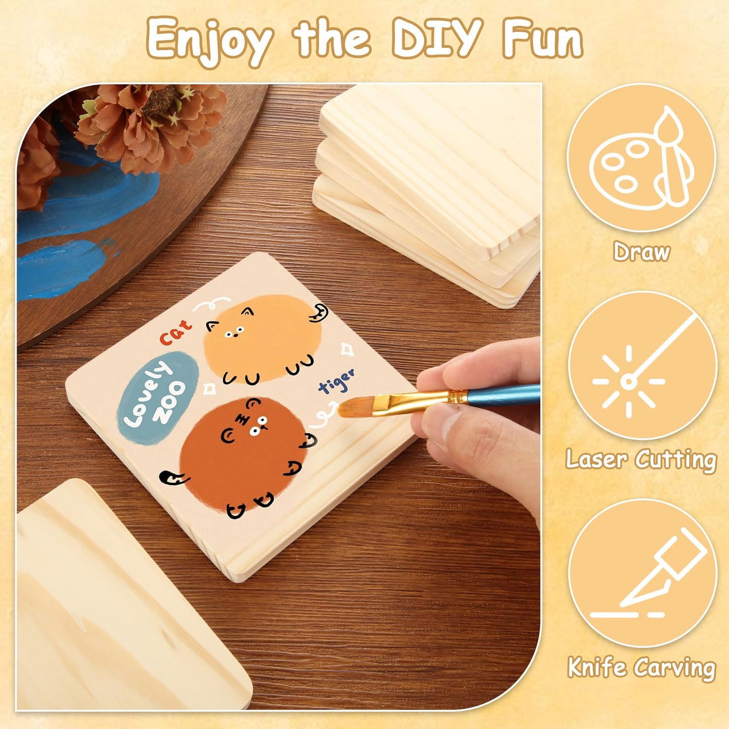 CYEAH 50 Pcs Unfinished Square Wood Coasters, 4 inch Blank Wooden Craft Coasters with Non-Slip Foam Pad Stickers, Wooden Slices for Nature Crafts & Wedding Decoration Painting Wood Engraving