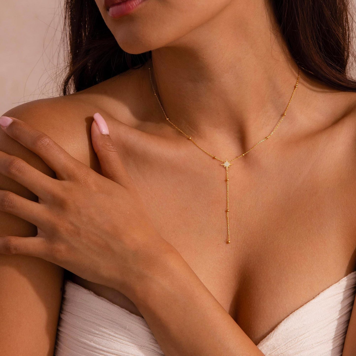 FUCJOEE Long Necklaces for Women Trendy - Dainty Lariat Necklace 14K Gold Plated CZ Star Y Shaped Beaded Drop Necklace Cute Long Gold Necklaces for Women Formal Prom Jewelry Gifts