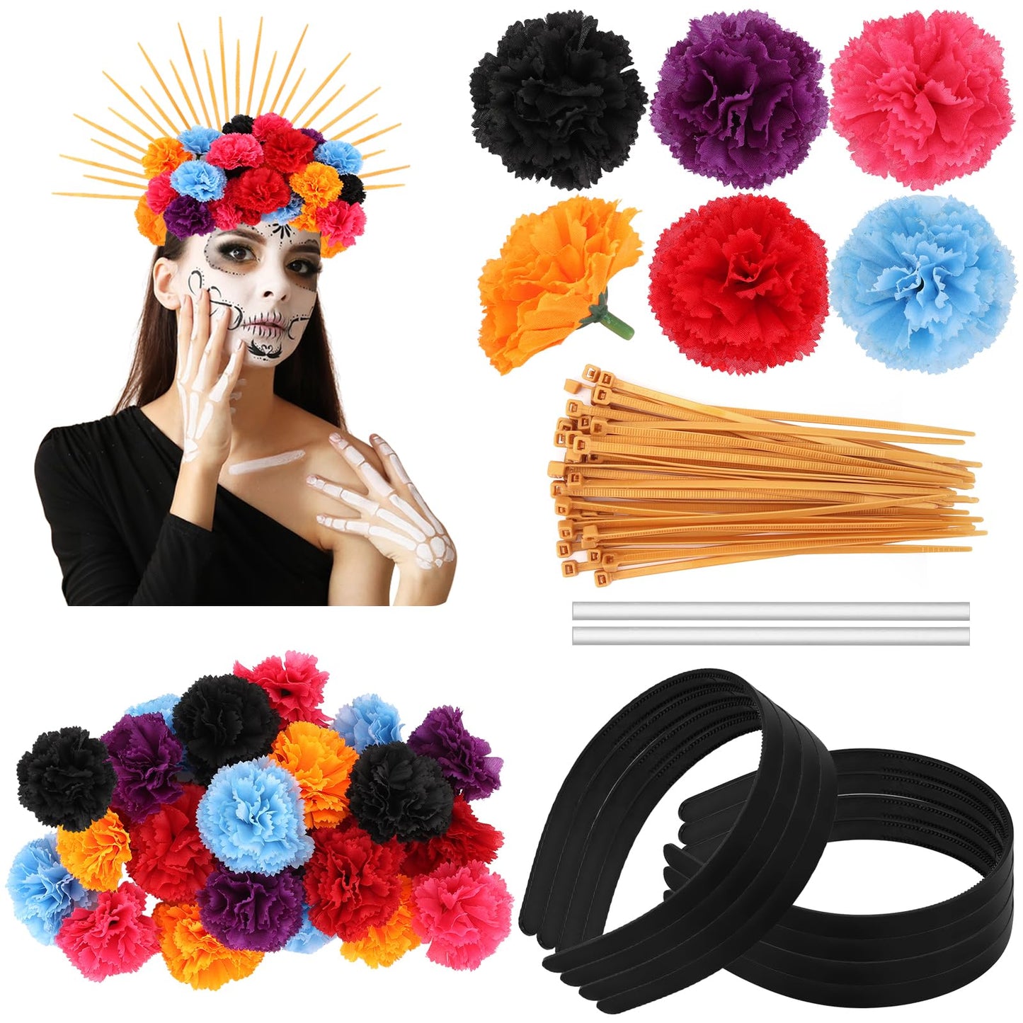 HFYZZ 290 Pcs Day of the Dead Floral Headpiece DIY Mexican Flower Halo Crown Headband for Women Halloween Cosplay Hair Accessories