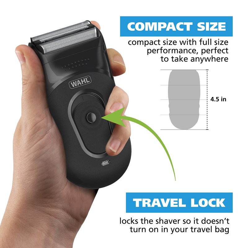 Wahl Compact Rechargeable Lithium Ion Shaver Kit with Hygienic Rinseable Foils & Cutter Bar with Dual Flexible Foils that Move with the Contours of Your Face - 7065
