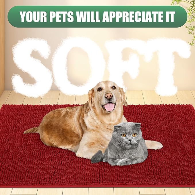 IM HOME Chenille Absorbent Outdoor Doormat 36" x 24", Washable Muddy Door Mats for Dog Non Slip Indoor Doormat Dog Mat for Muddy Paw Front Inside Doormats for Entryway Red Burgundy
