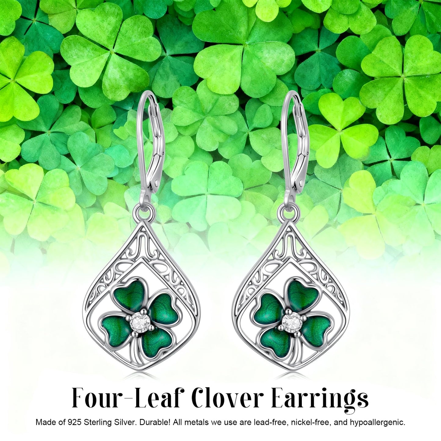 YYmqmq Green Clover Earrings for Women 925 Sterling Sliver Shamrock Dangle Earrings Leverback Filigree Jewelry Irish Jewelry St Patricks Day Gifts for Women Girlfriend