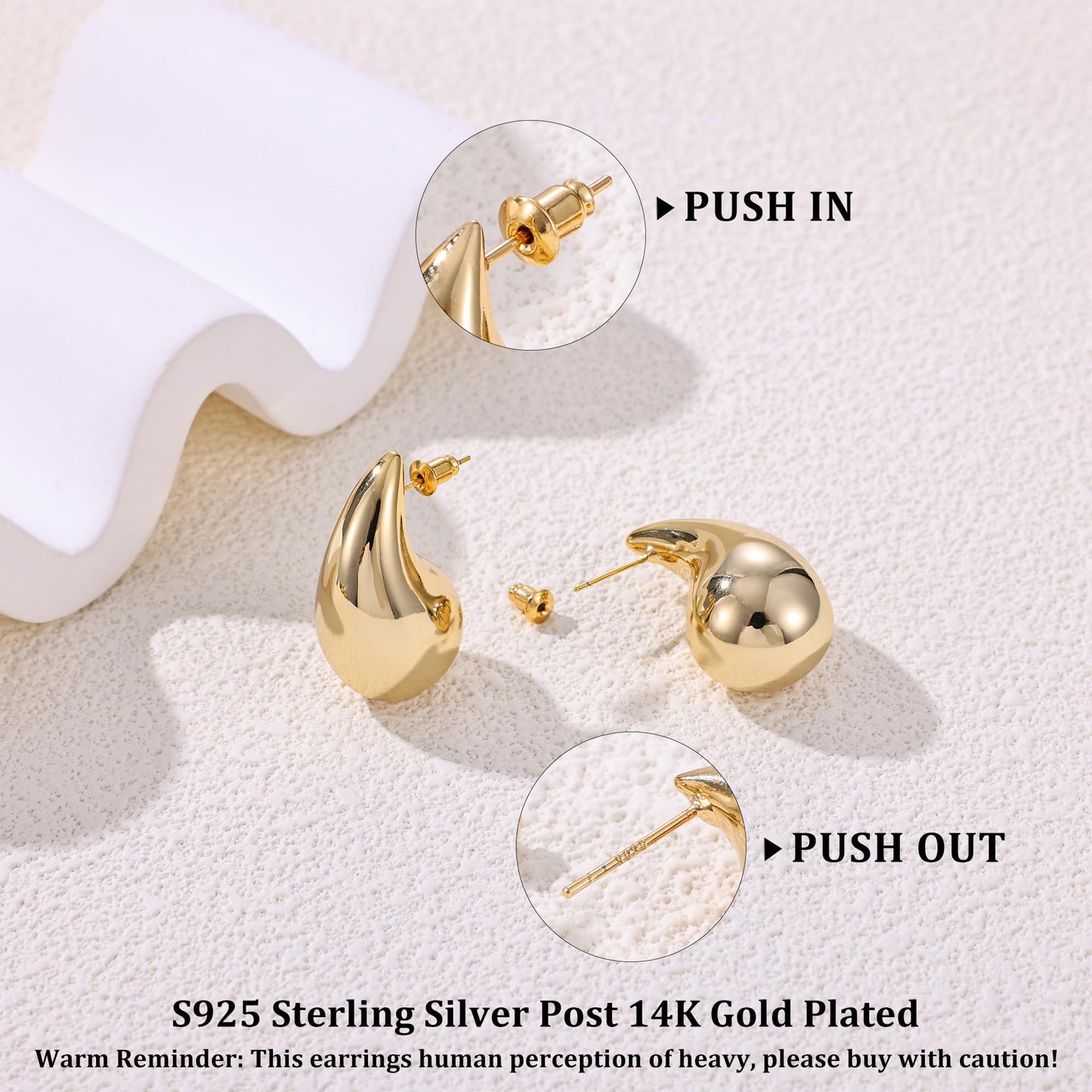 Gacimy 14K Gold Plated Teardrop Earrings Dupes for Women, Chunky Drop Earrings for Women with 925 Sterling Silver Post, 1.2Inches