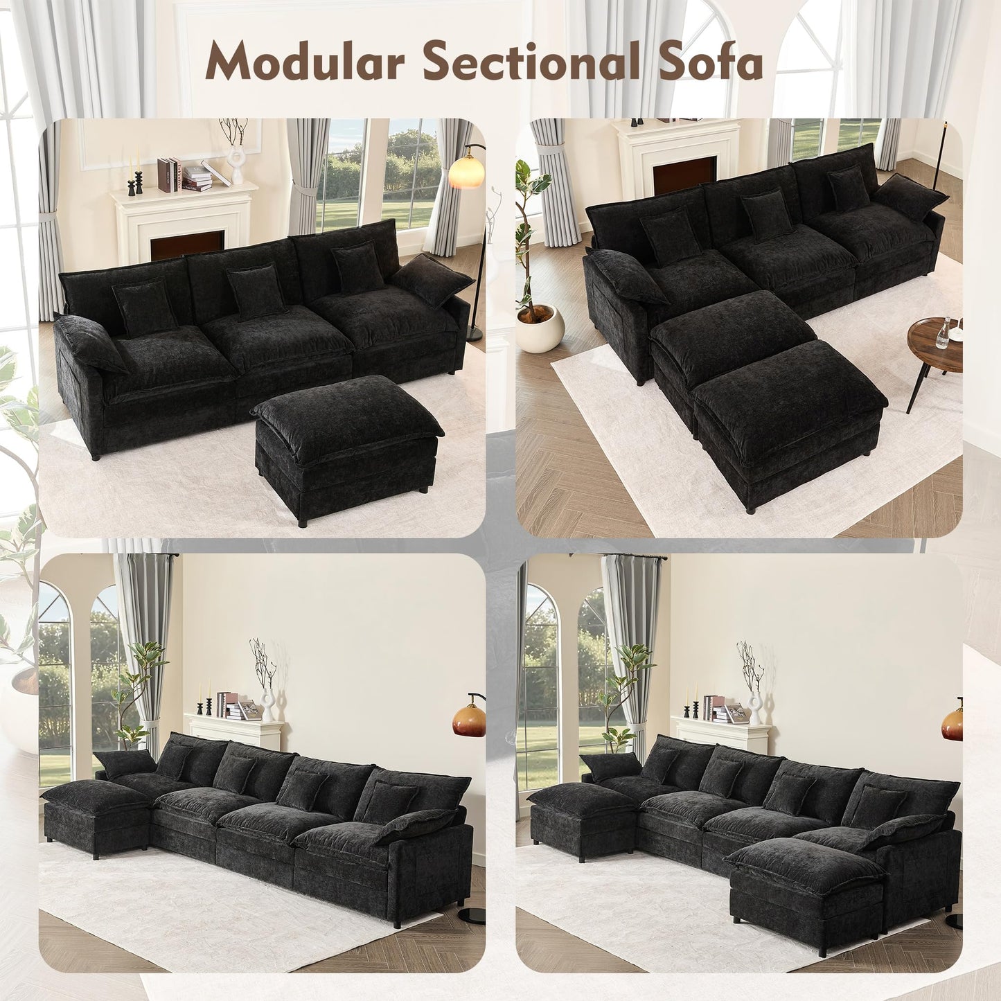 GOSUHI 108" U Shaped Couch, Modular Sectional Sofa, 3-Seater Comfy Cloud Couch, Set of Modular Pieces with Movable Ottoman, Deep Seat Couches for Living Room, Chenille, Black
