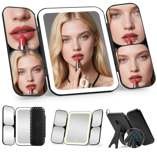 saiggnyy 5-in-1 Led Vanity Makeup Mirror,1X Full Face & 5x/10x/20x/30x Times Magnification for Close-up Makeup, Compact Travel Magnifying Mirror with Light, Trifold Mirrors with Stand (Cool Black)