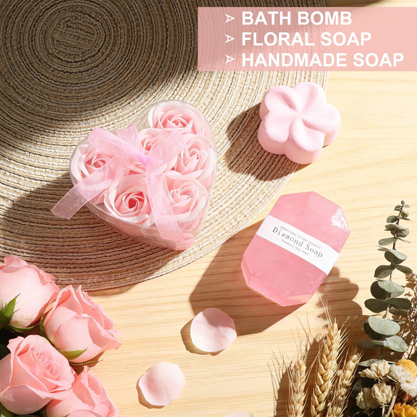 Birthday Gifts for Women, Self Care Get Well Soon Gifts Basket for Women, Flower Relaxing Spa Gift Basket Bath Set,Unique Luxury Self Care Box Gift for Mom Her Wife Sister Girlfriend, Girl Friend Pink