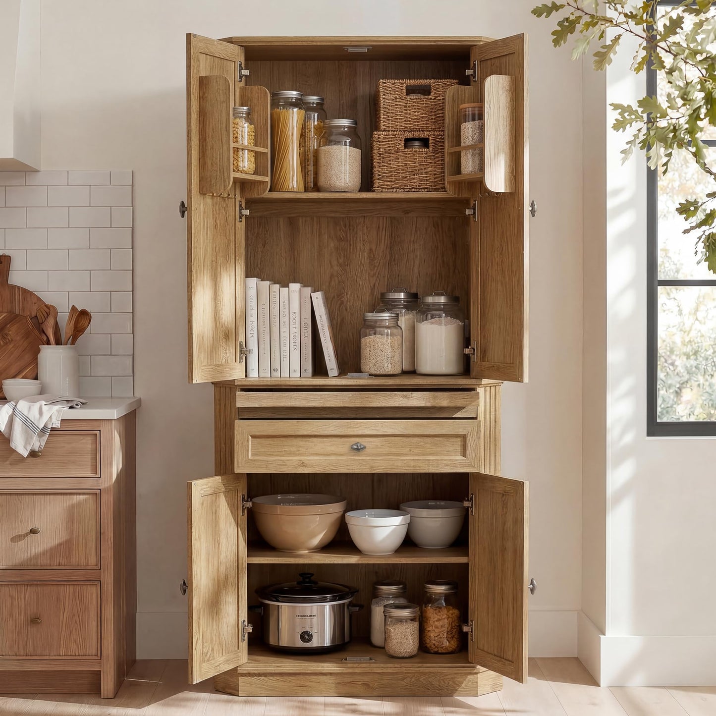AMBERHAUS 72.2" Tall Kitchen Pantry Storage Cabinet with Doors, Farmhouse Storage Cabinet with Drawers, Adjustable Shelves and Pull-Out Shelves, Oak Wood Pantry Cupboard for Kitchen, Dining Room