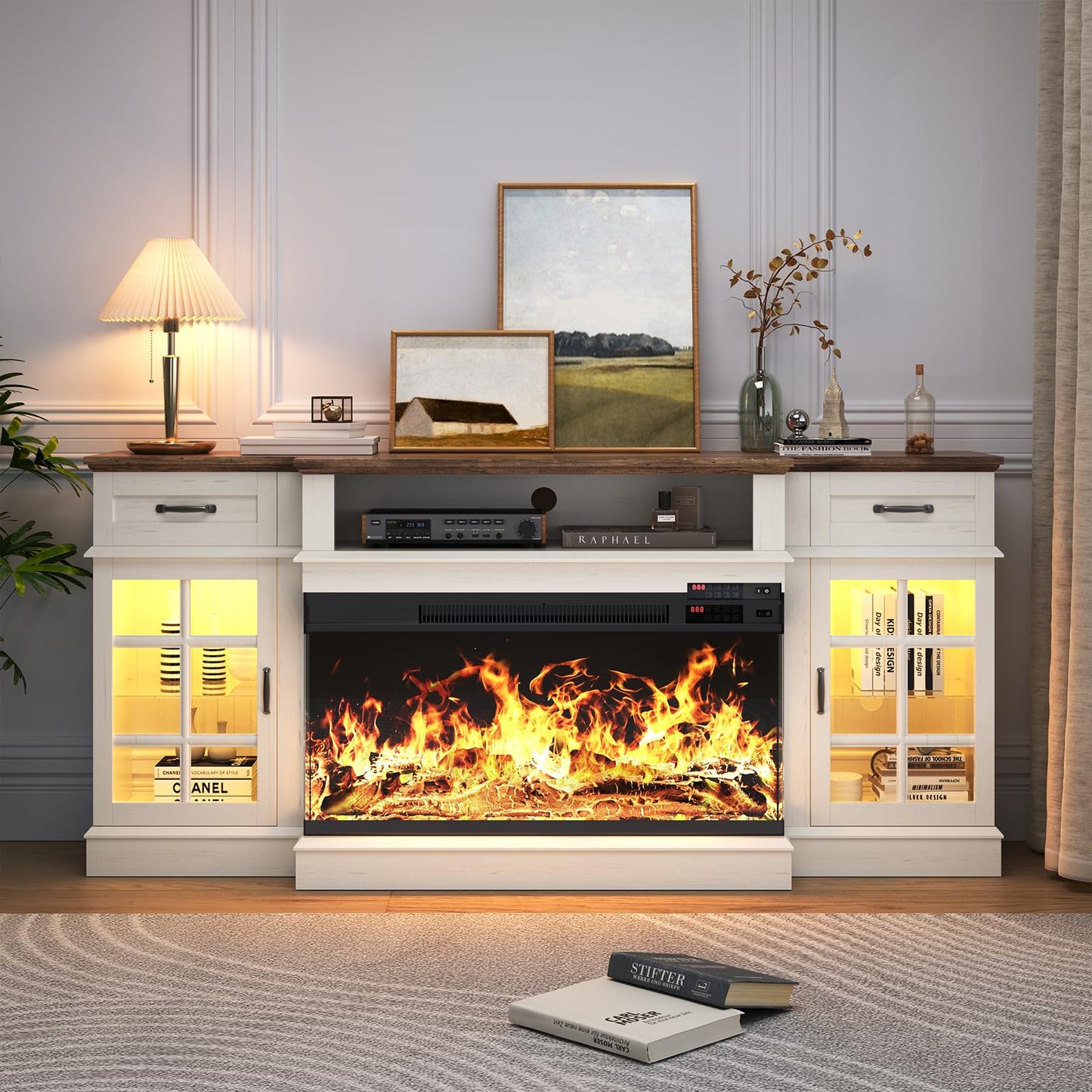MXV 70" Fireplace TV Stand, 3-Sided Glass Fireplace and Modern Entertainment Center, Wooden Media Console with Glass Doors & Storage Drawers, LED Light, for Living Room, White