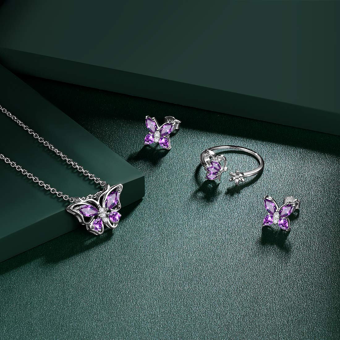 Hipunk Butterfly Purple Jewelry Sets Birthstone Women 925 Sterling Silver Februsry-Amethyst Birth Stone Animal Butterflies Jewelry Sets/Earring/Ring Set Crystal Birthday Jewelry SS0002F