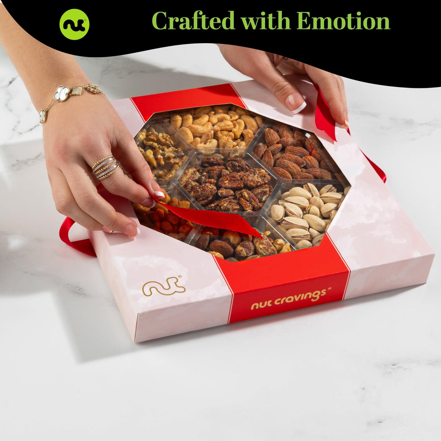 NUT CRAVINGS - Mothers Day Treats, Mixed Nuts Gift Basket in Red Gold Box (7 Assortments, 1 LB) Treats for Adults, Food Arrangement, Healthy Snack Care Package, Kosher