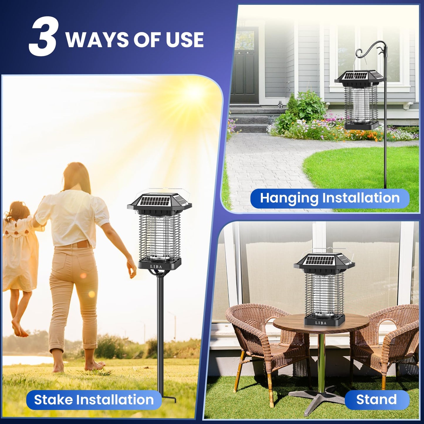 LiBa Solar Bug Zapper Outdoor, 2 in 1 Mosquito Zapper Cordless & Rechargeable, Solar Insect Killer Lamp, 3500V Mosquito Catcher Decor Light for Patio Garden Backyard