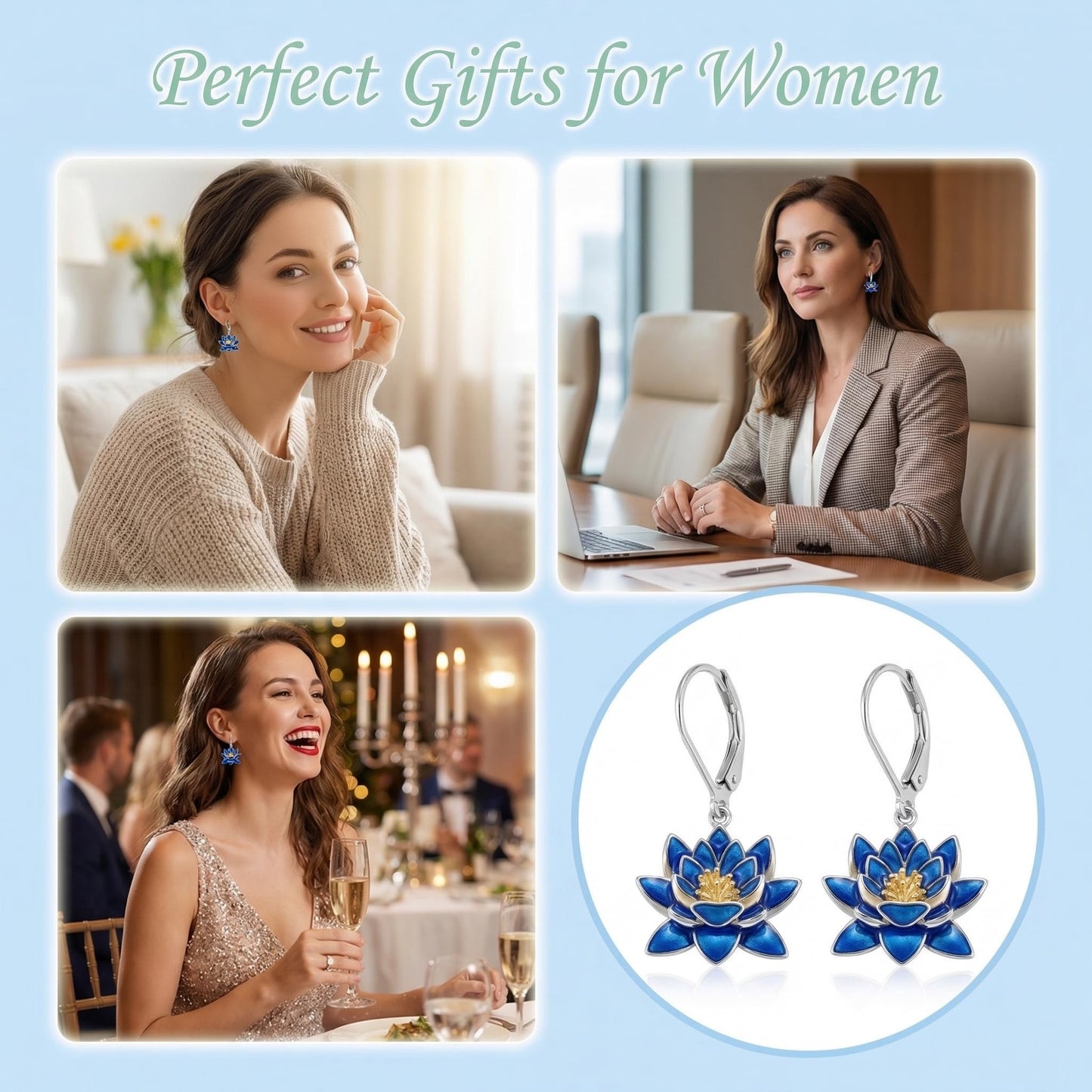 HKPATOP Lotus Earrings for Women 925 Sterling Silver Blue Lotus Flower Dangle Earrings Leverback Blue Flower Jewelry Gifts
