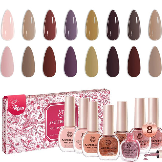 AZUREBEAUTY Brown Nude Nail Polish Set, Fall Winter Quick Dry Natural Nail Lacquer Strengthening Treatment Kit with Top Coat DIY Salon at Home