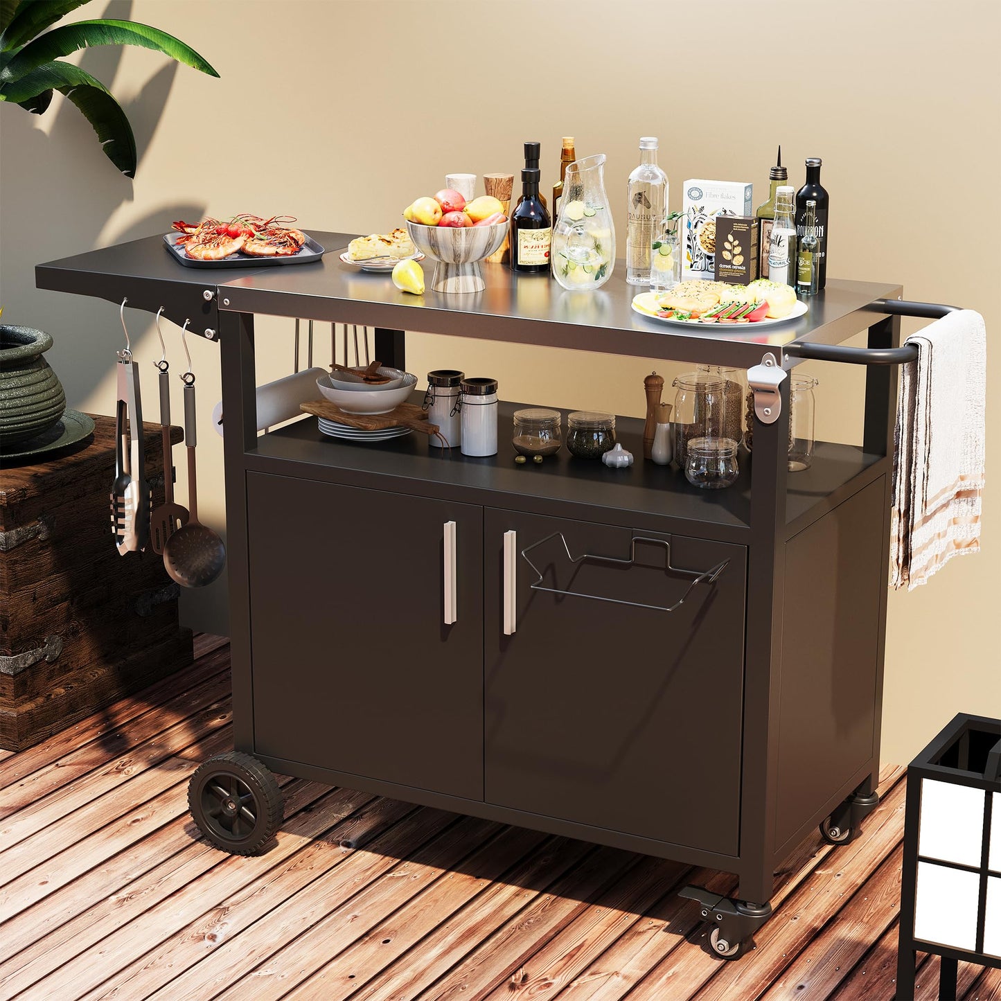 Vongrasig Grill Cart with Storage, Outdoor Bar Cart Rolling BBQ Movable Pizza Oven Table Stand with Foldable Stainless Steel Top & Storage Cabinet, Black