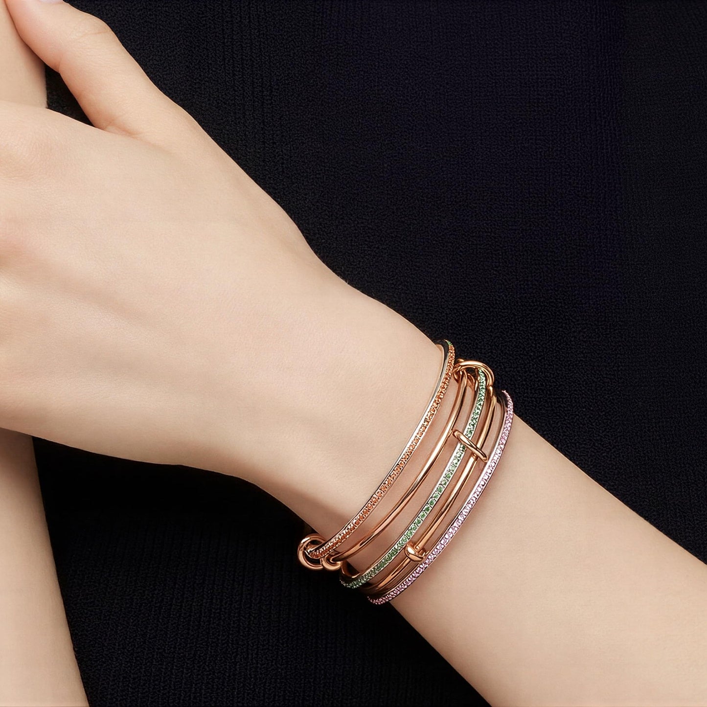 Musishiyu Gold Bracelets for Women Stacking Bangle - 18K Mixed Metal Tri-Color Rolling Interlocking Bands, Cubic Zirconia Fidget Anxiety Jewelry, Perfect Gifts for Mom Wife Grandma