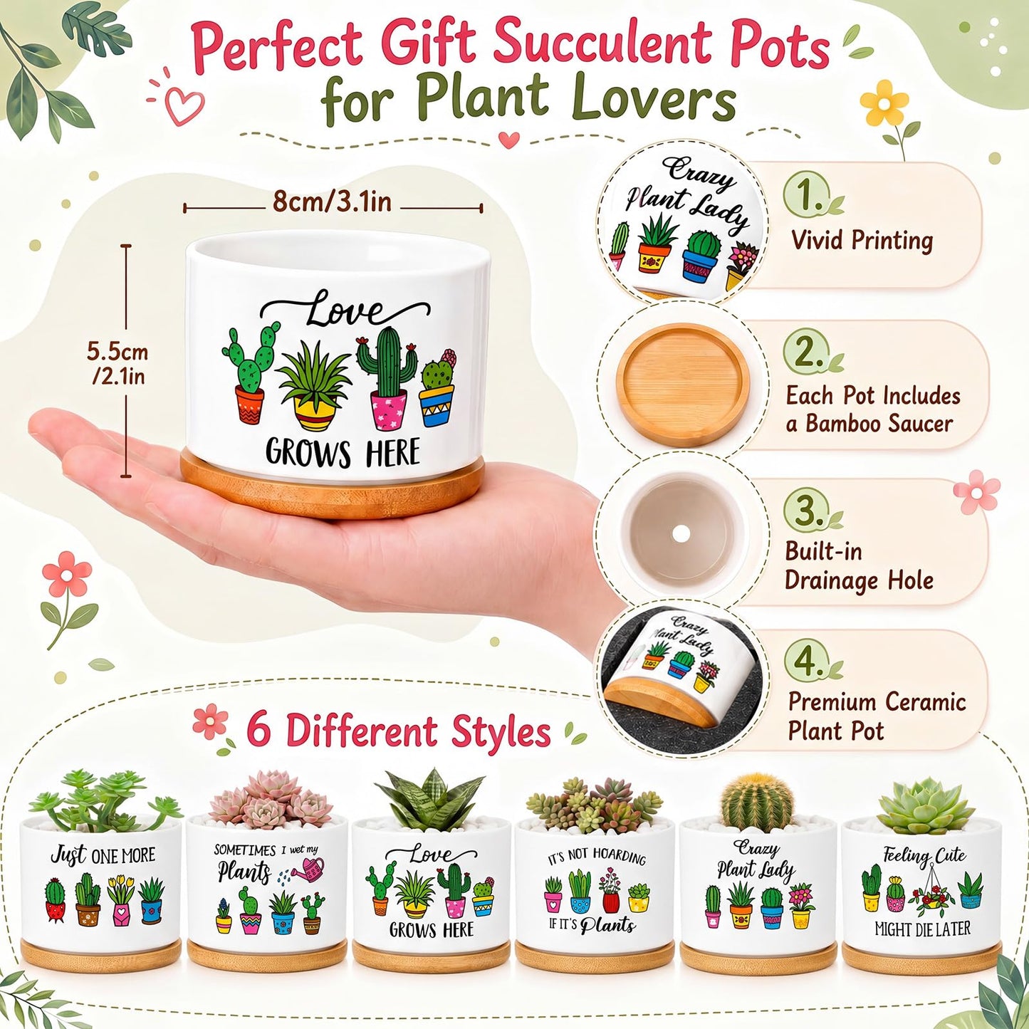 Acellegic 6 Pcs Funny Succulent Plant Pots with Bamboo Trays Mini Ceramic Flower Pots Cute Cactus Planters for Indoor Women Plant Lovers Nurse, Plants Not Included