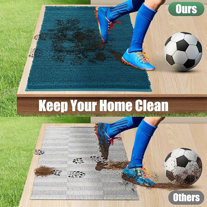 IM HOME Chenille Absorbent Outdoor Doormat 36" x 24", Washable Muddy Door Mats for Dog Non Slip Indoor Doormat Dog Mat for Muddy Paw Front Inside Doormats for Entryway Teal Blue