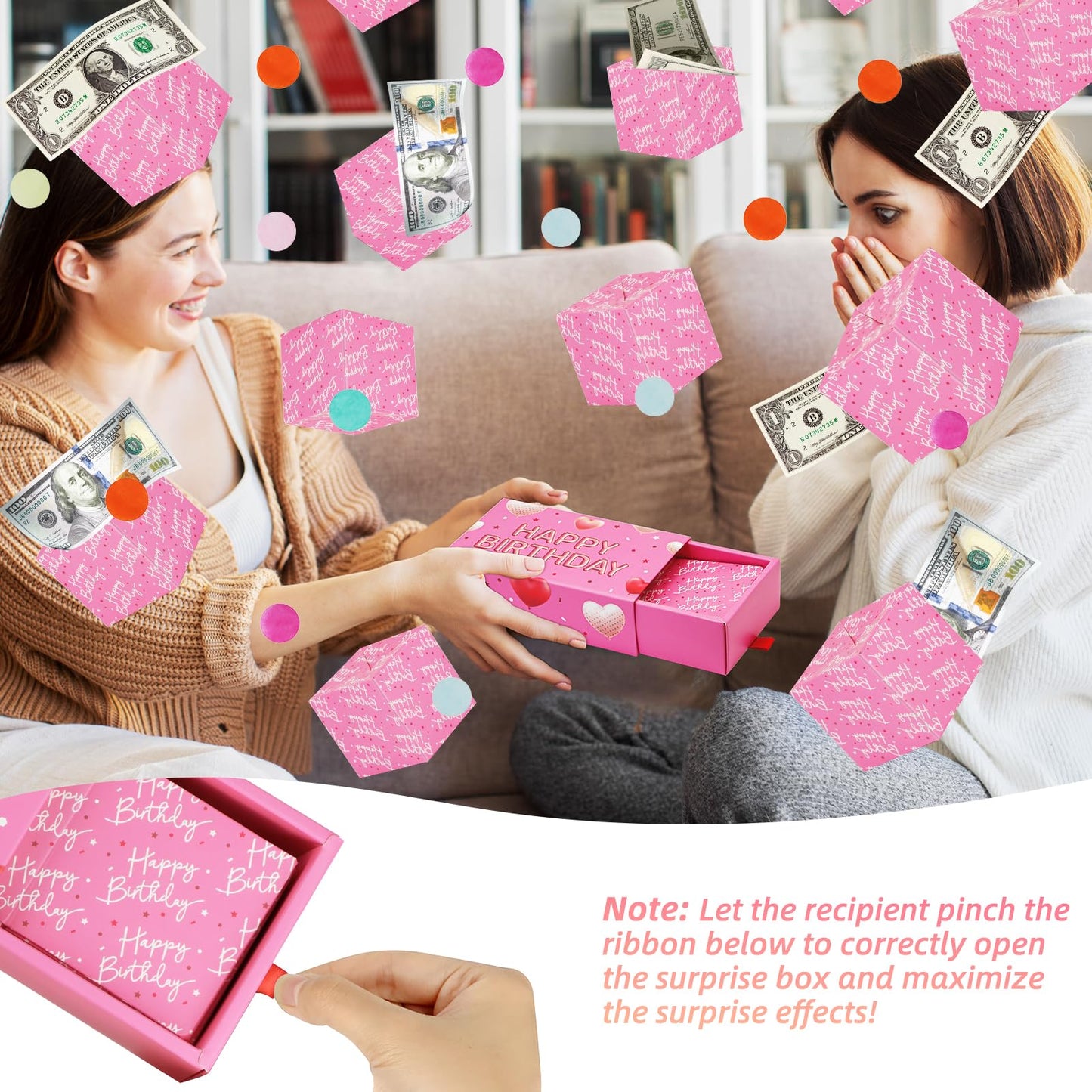 WenmthG Happy Birthday Surprise Gift Box Explosion for Money - DIY Pop Out Folding Bounce Explosion Gift Box with Confetti - Birthday Money Bank - Cash Gift Idea for Women Men Kids (Pink)