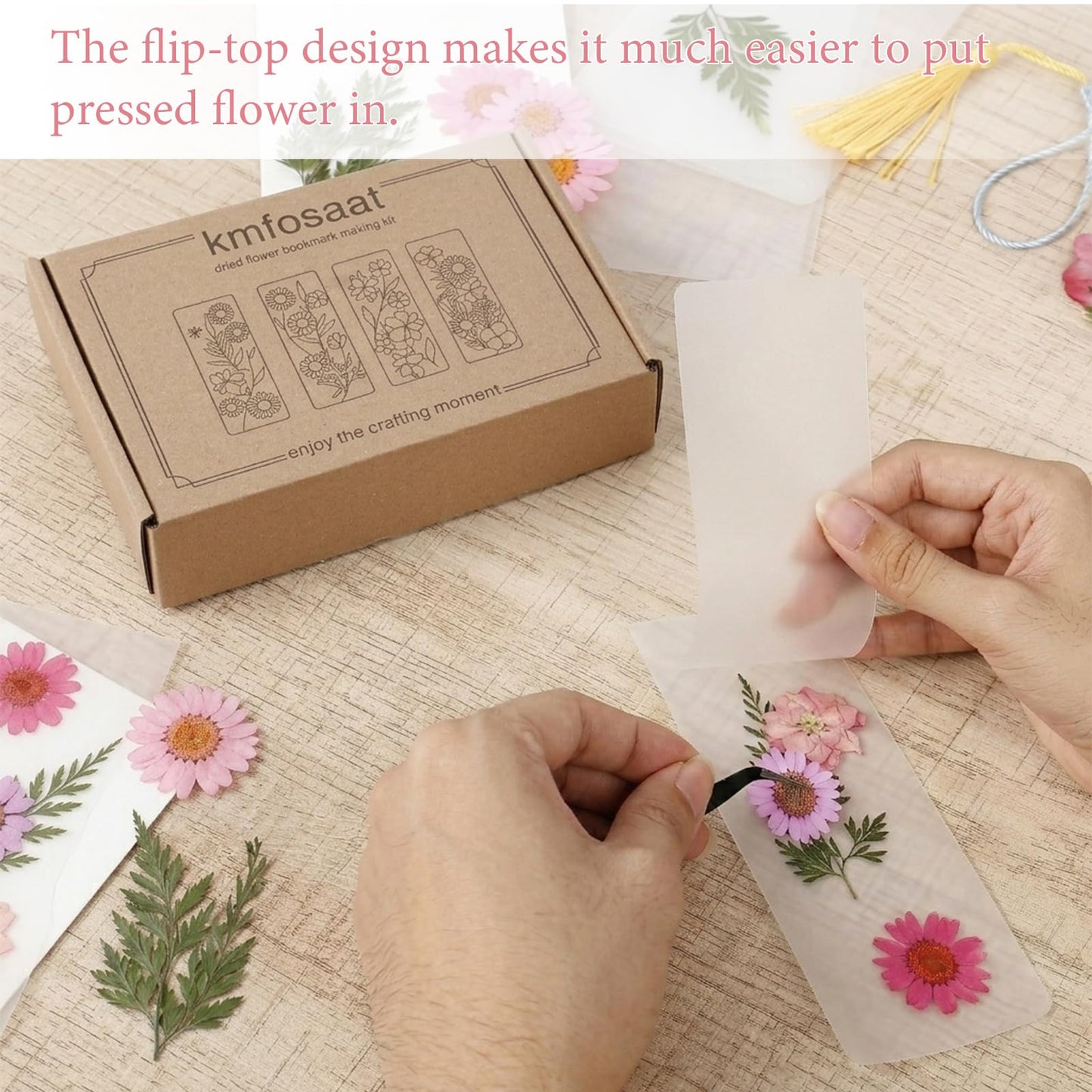 kmfosaat 344 Pcs Pressed Flower Bookmark Making Kit, 50 Laminating Pouches with 242 Dried Flowers, 50 Tassels, Tweezer and Punch, Party DIY Crafts Bookmark for Reading Women Kids