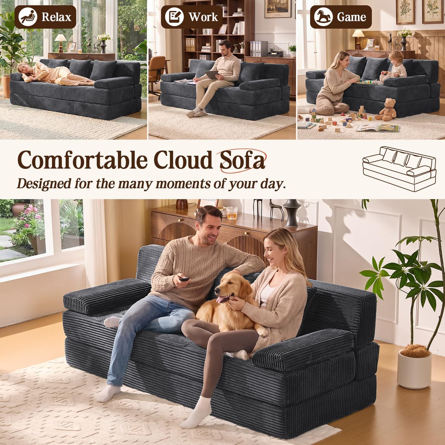 LOOMORA 78.7IN Folding Sofa Bed - Convertible Sleeper Sofa Couch with Removable Pillows, 3 Seater Couches Bed for Living Room, Bedroom, Apartment, No Assembly Required, Freestanding, Corduroy, Gray