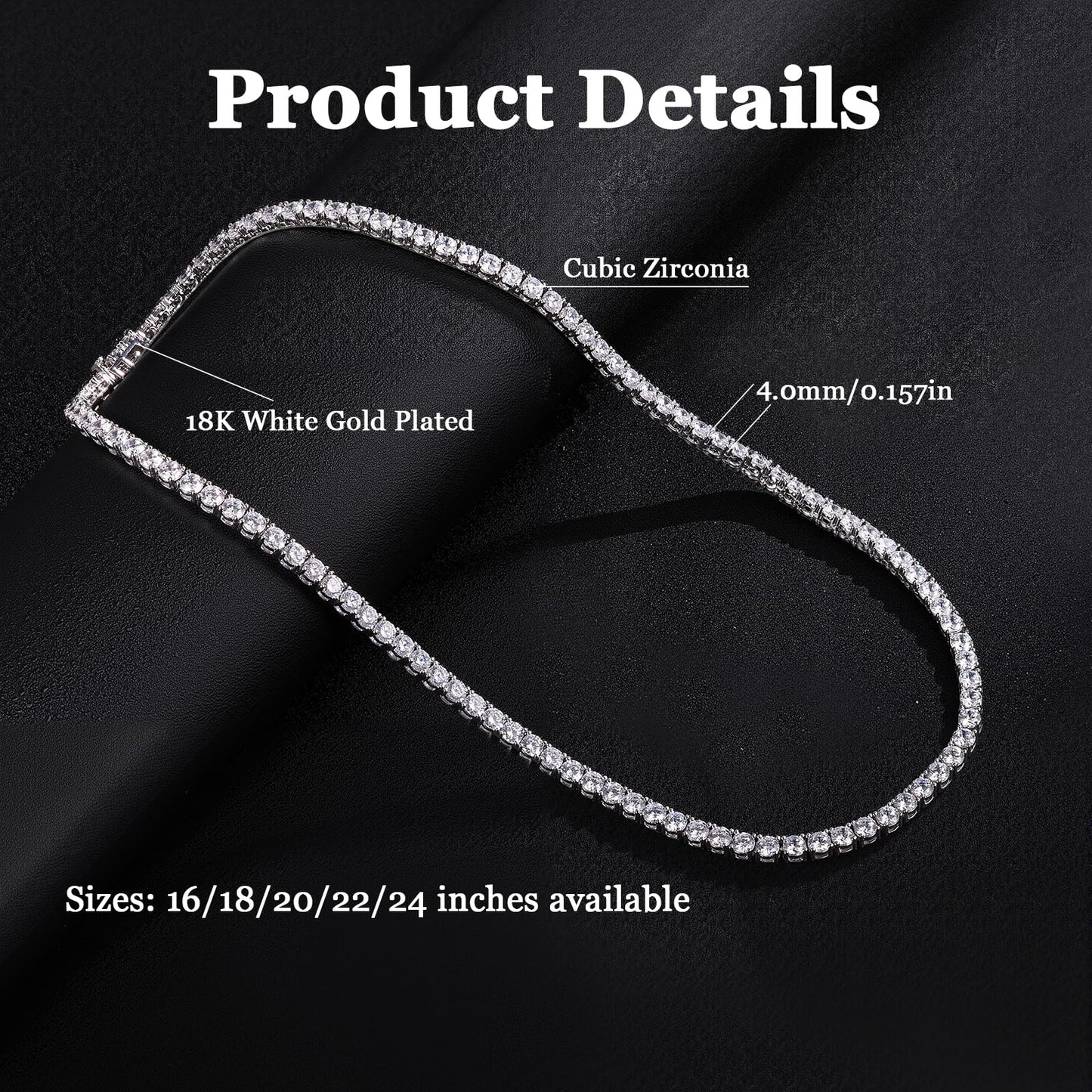 Gemsme 4.0mm CZ Tennis Necklace, 18K White Gold Plated 4.0mm Round Cubic Zirconia Classic Tennis Necklace 16 Inch
