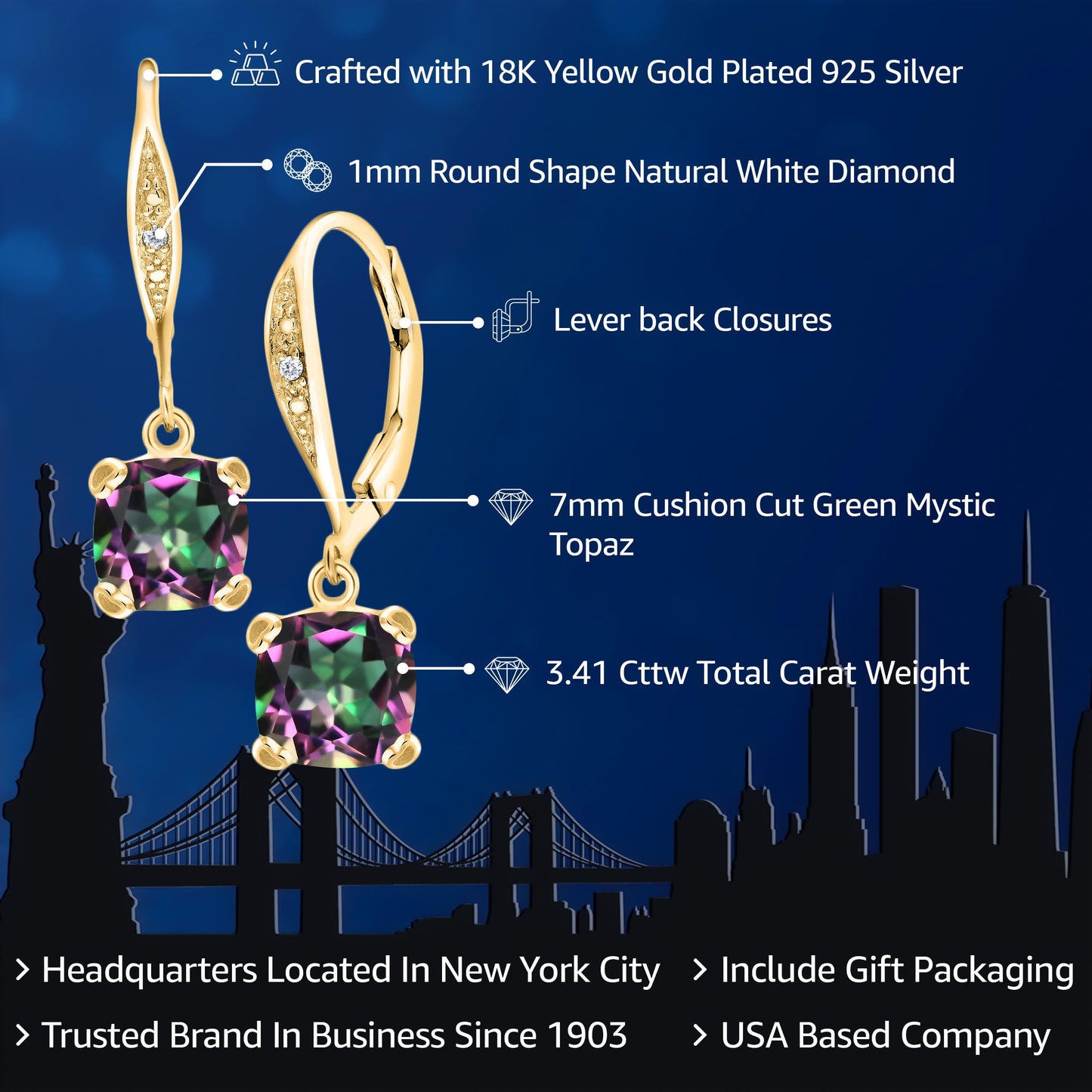 Gem Stone King Drop Dangle Earrings For Women | 7MM Cushion Cut Gemstone Birthstone and Diamond | 925 Sterling Silver | Jewelry Gift for Mom Wife Her | Green Mystic Topaz | Yellow Gold