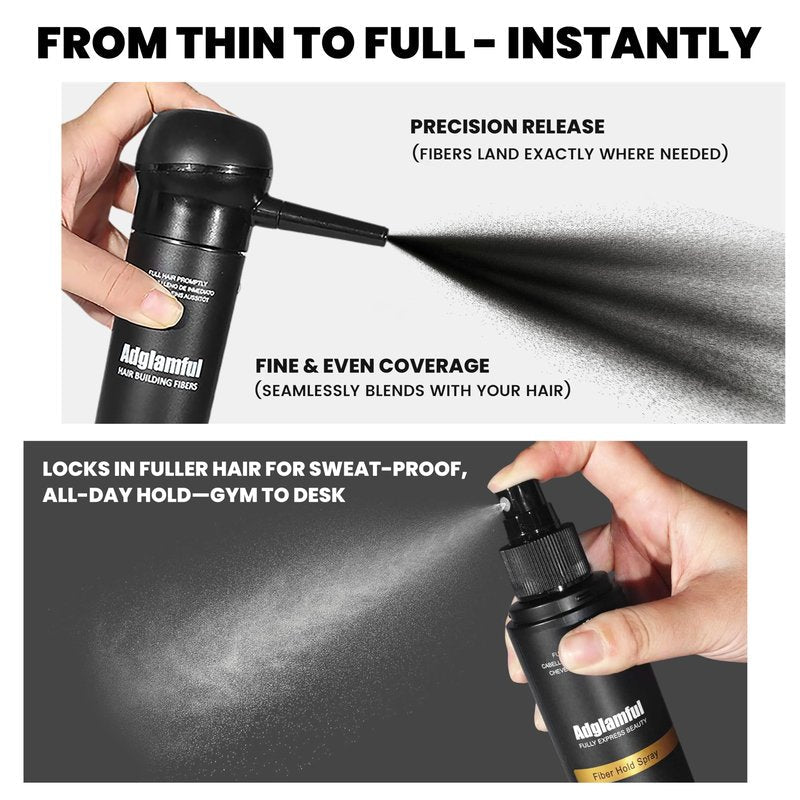 Adglamful Hair Building Fibers Kit for Thinning Hair, Hair Thickening Fiber & Hold Spray for Instant Natural Finish, Long-Lasting Coverage, Conceals Sparse Roots & Hairline- Dark Brown, 30g+120ml