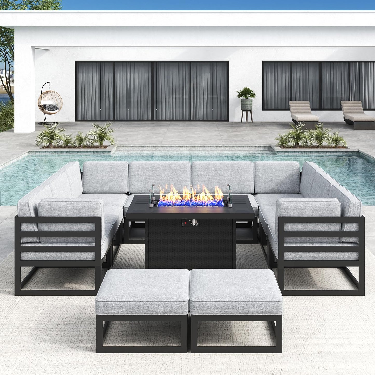 LayinSun Large Aluminum Patio Furniture Set with Fire Pit Table, 11 Pieces Modern Outdoor Conversation Set Sectional Metal Sofa Set with Olefin Cushion