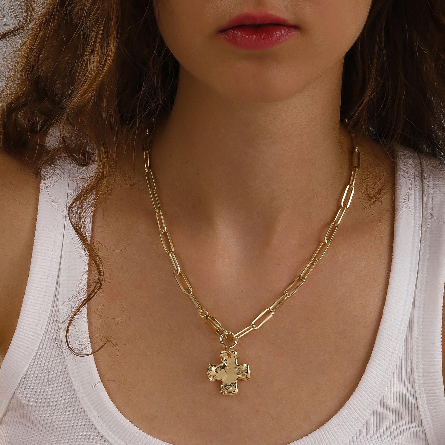 Bheop Chunky Cross Necklace for Women Trendy 14K Real Gold Plated Statement Cross Pendant Charm Necklace Long Big Paperclip Faith Chain Costume Jewelry Gift Non Tarnish 2.5CM