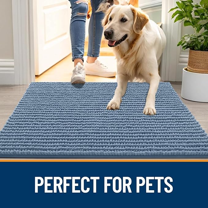 OLANLY Dog Door Mat for Muddy Paws 24x16, Ultra Absorbent Chenille Mud Doormat, Non-Slip Washable and Dirt Trapping Doormat for Indoor Entryway, Quick-Dry Indoor Pet Bed Mats for Dogs, Airy Blue