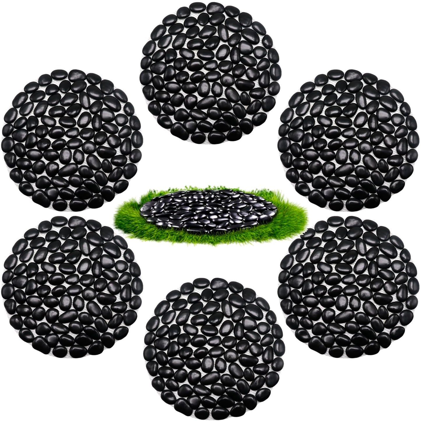 Ausluru 10in River Rock Stepping Stones Set - 6 Pack | Polished Pebble | Long-Lasting PVC Mesh Backing | Perfect for Garden Paths and Lawns Outdoor Landscaping Decoration | Black Circle