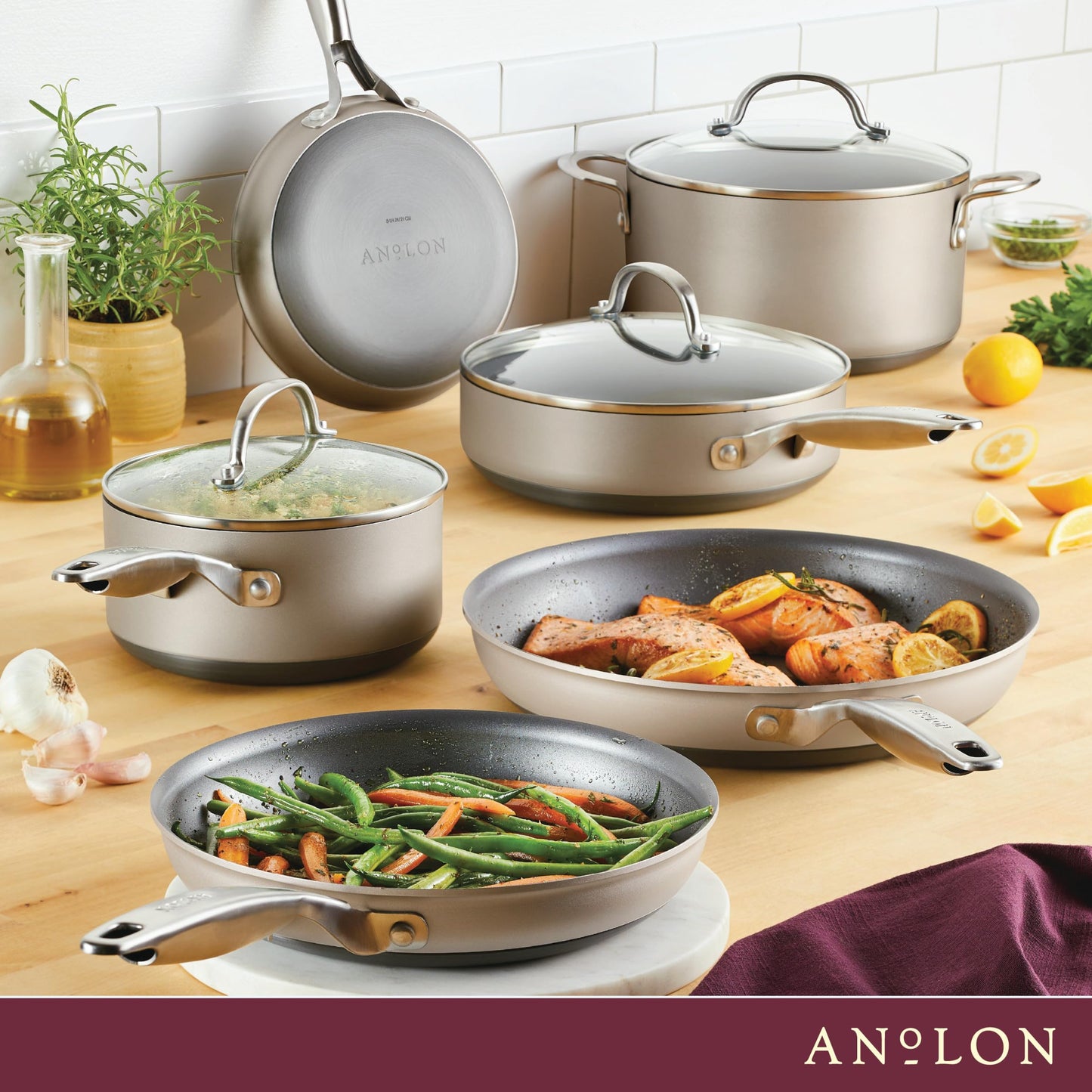 Anolon Achieve Hard Anodized Nonstick Cookware Pots and Pans Set, 9 Piece - Silver