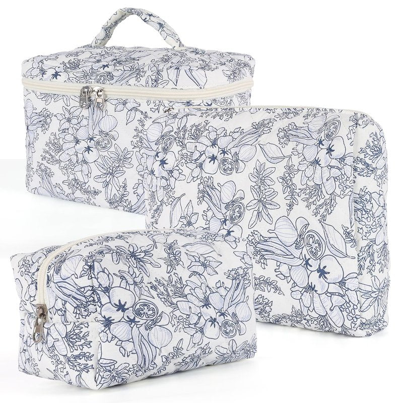 Sarrany 3Pcs Makeup Bag Set,Quilted makeup bag,Floral Cosmetic Bag for Women, Cute Cotton Cosmetic Bag, Wide-open Easy to Take, Flower Toiletry Organizer Bag