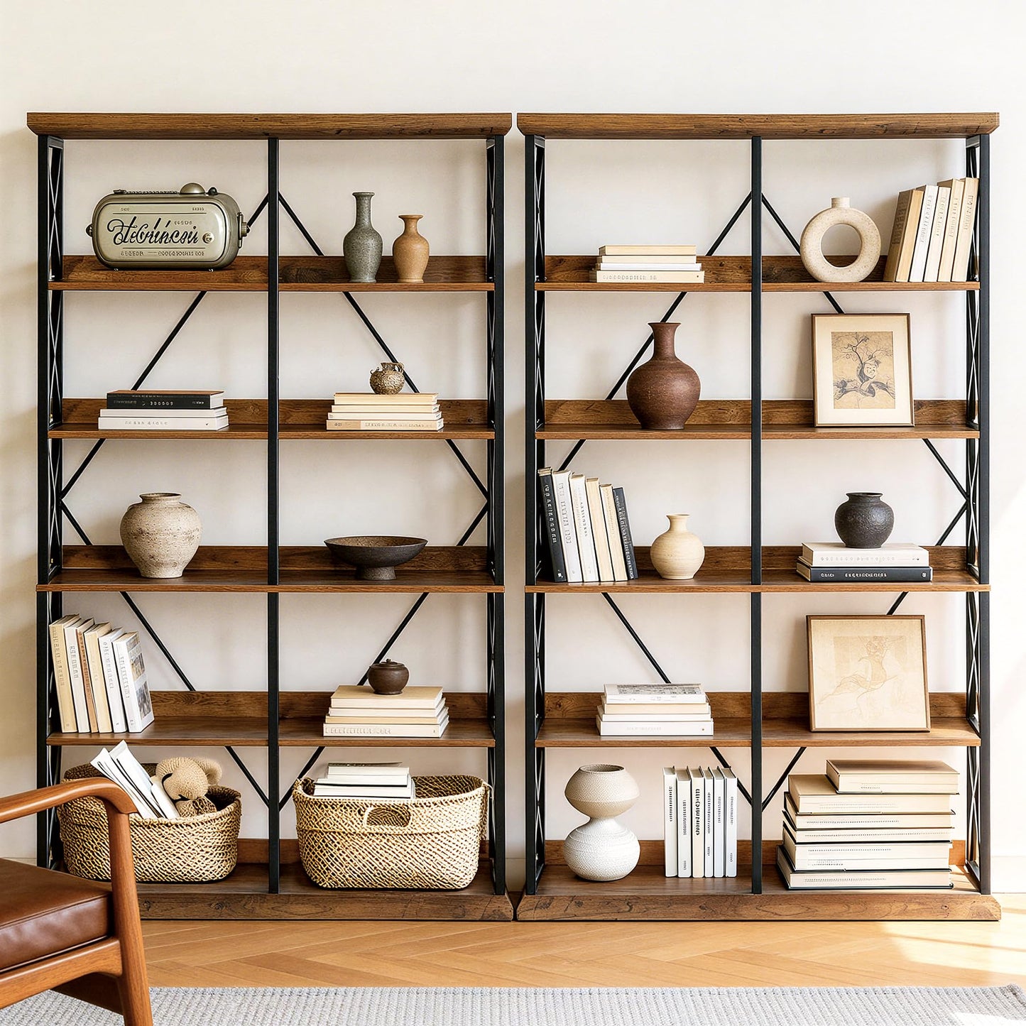 LITTLE TREE Industrial Bookshelf, 6-Tier 47" Wide Bookcase, 75" Tall Standing Shelf Units with 12 Wooden Shelves, Large Open Metal Display Organizer for Office, Living Room, Bedroom, Rustic Brown