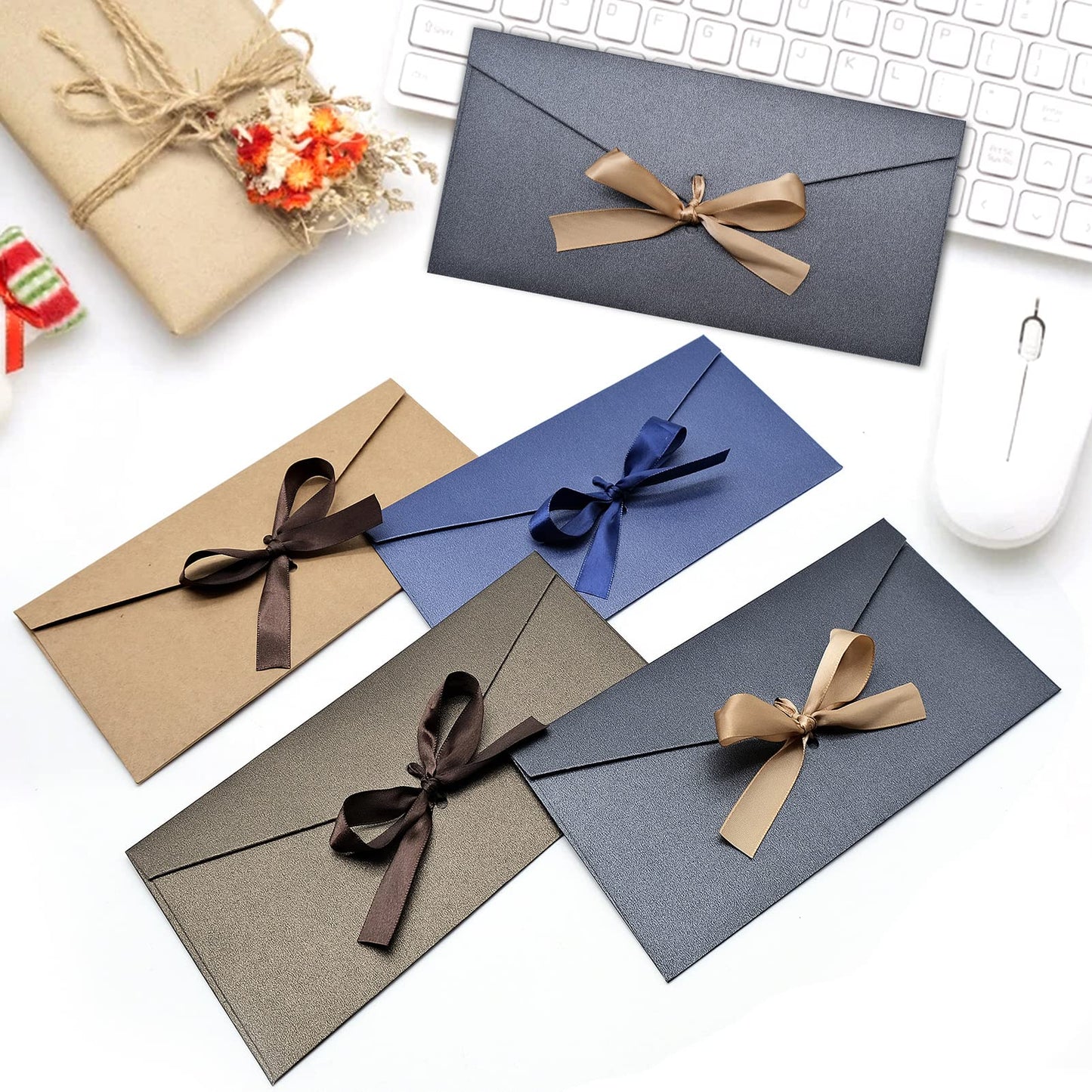 20 PCS Business Gift Card Envelopes, 8 x 4 inch Beautiful Pearlescent Envelopes with Bowknot for Greeting Card, Invitations, Letter