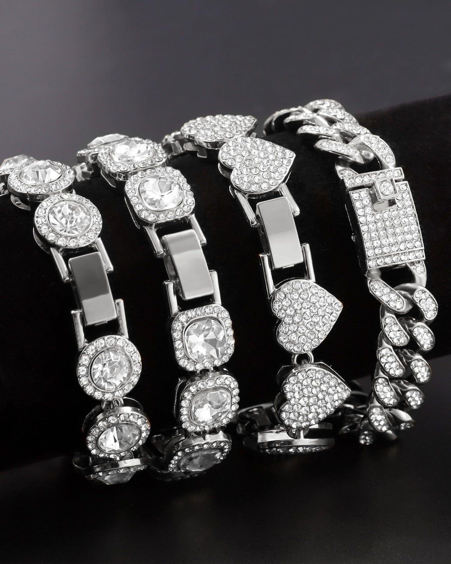 shopbyskyler 4PCS Gold Silver Bracelets for Women Diamond Cuban Bracelet Layered Link Bracelet Set Fashion Jewelry (Silver, 8inch)
