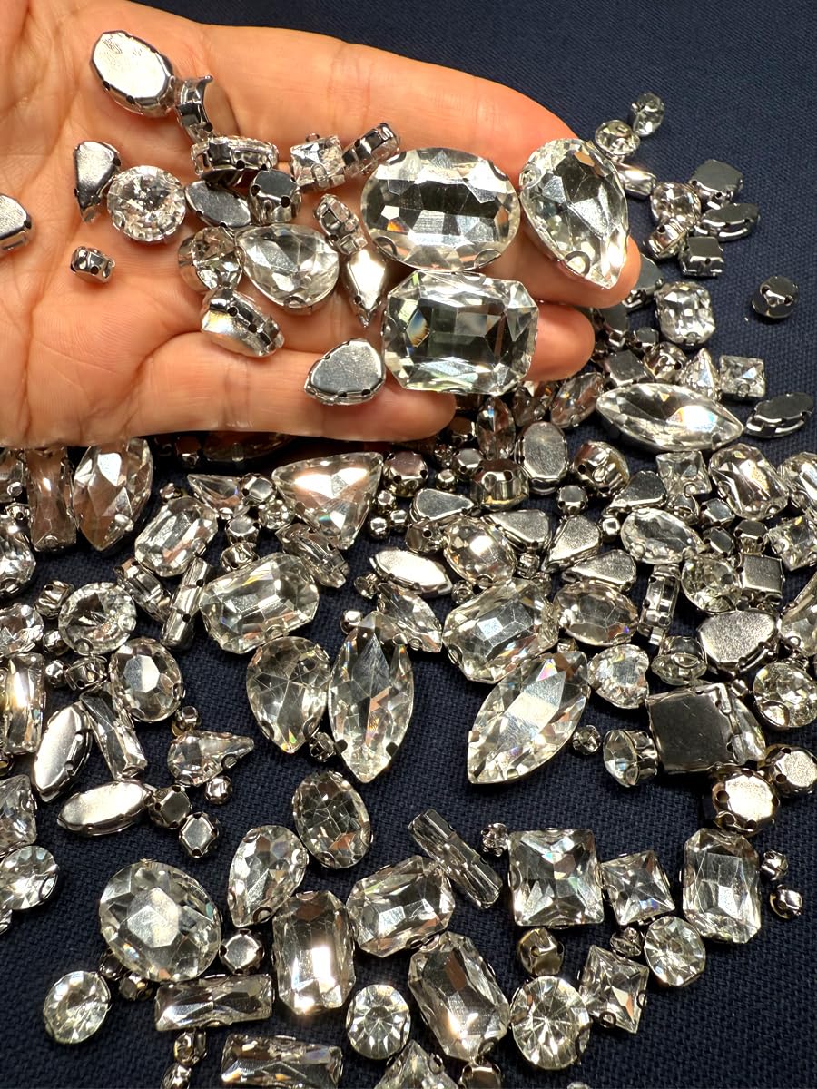 260 PCS/Pack 9 Shapes 24 Sizes Mixed Clear Crystals, Silver Sew on Glass Rhinestones,Crystal Gems Mental Flatback with Silver Claw, for Jewelry Crafts Costume DIY Garment