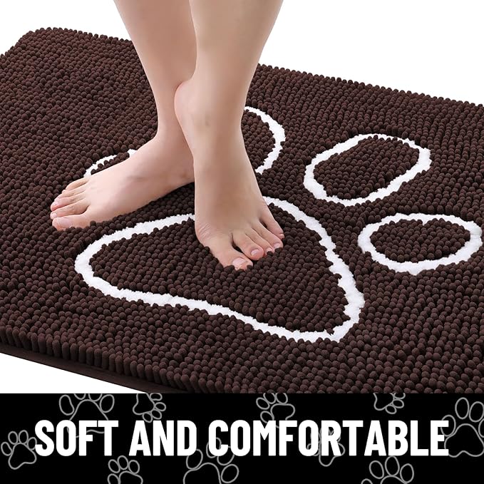 Smiry Dog Door Mat for Muddy Paws, Absorbent Dirt Trapper Non Slip Quick Dry Washable Chenille Mat for Mud Dogs, Entry Rug for Indoor and Outdoor (71x46 Inches, Brown and White)