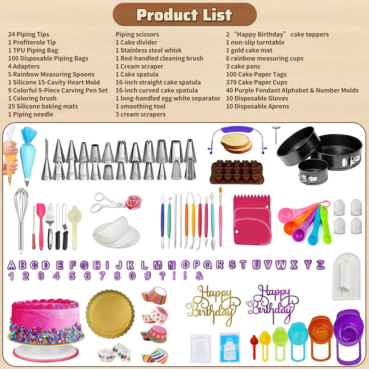 720PCS Cake Decorating Kit with Baking Supplies - Cake Turntable for Decorating with Baking Pans, Leveler, 24 Numbered Piping Tips, 2 Spatulas, Fondant Tools, Video Course, Pattern Chart & More