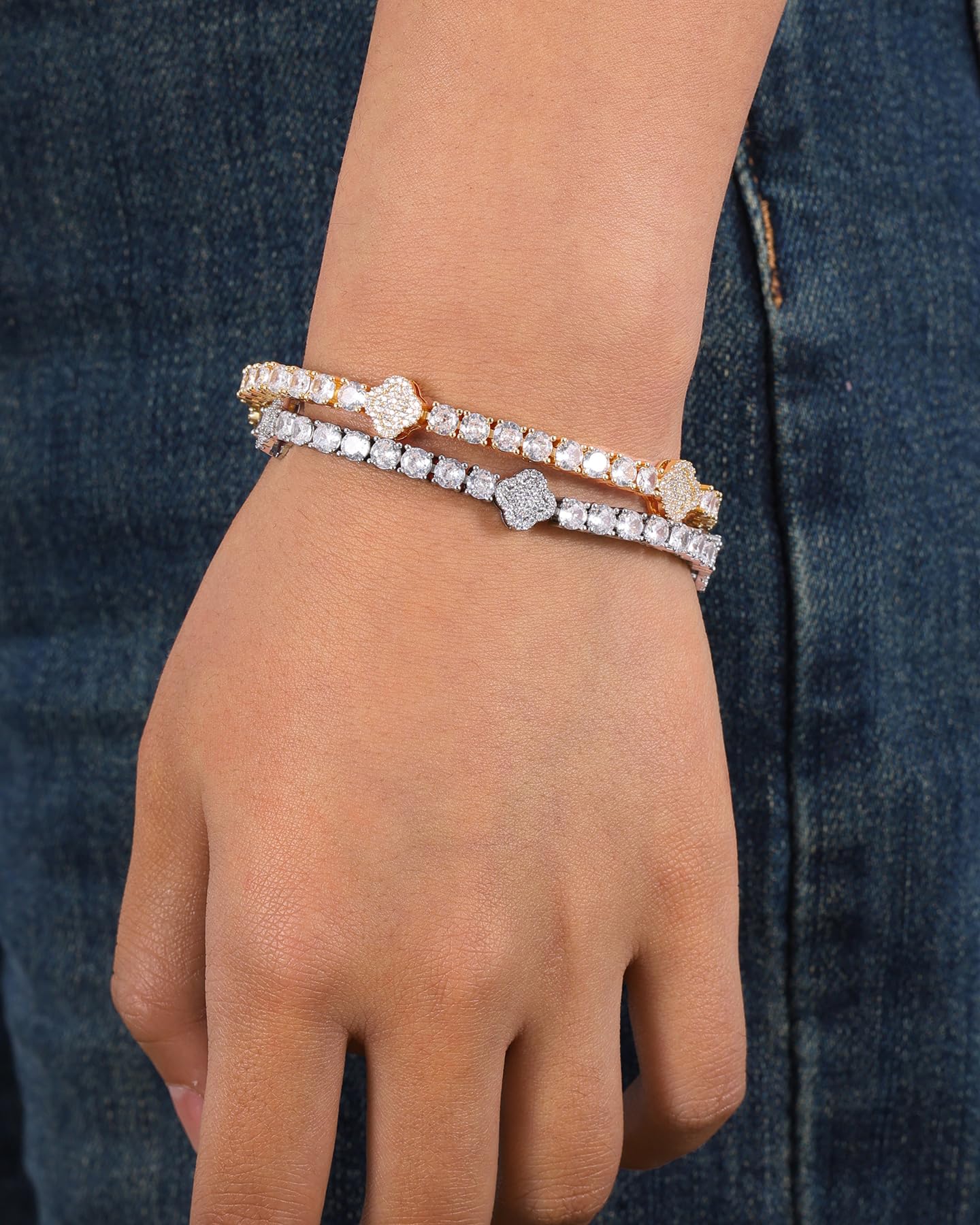 LuxeFlex 4mm Iced Out Clover Tennis Bracelet, White Gold Plated with 5A Zircon Stones, Handmade exquisite Hip Hop Jewelry, Perfect Unisex Gift (White Gold-All stone, 7)