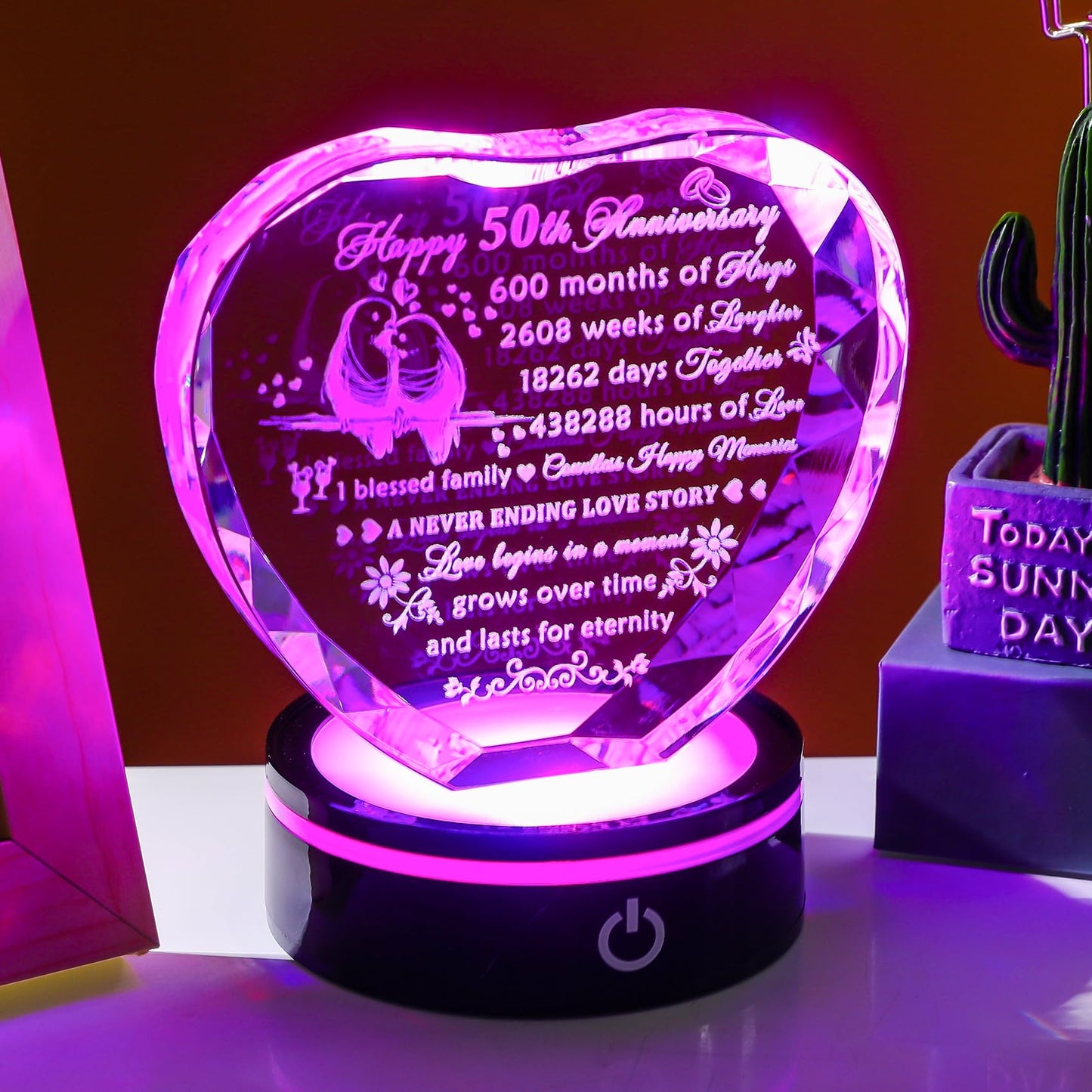 YWHL 50th Wedding Anniversary Crystal Heart Gifts for Parents Couple, Laser Engraved Romantic 50 Year Anniversary Crystal Keepsake Gifts for Wife Husband, 50 Years of Marriage Gift for Her Him
