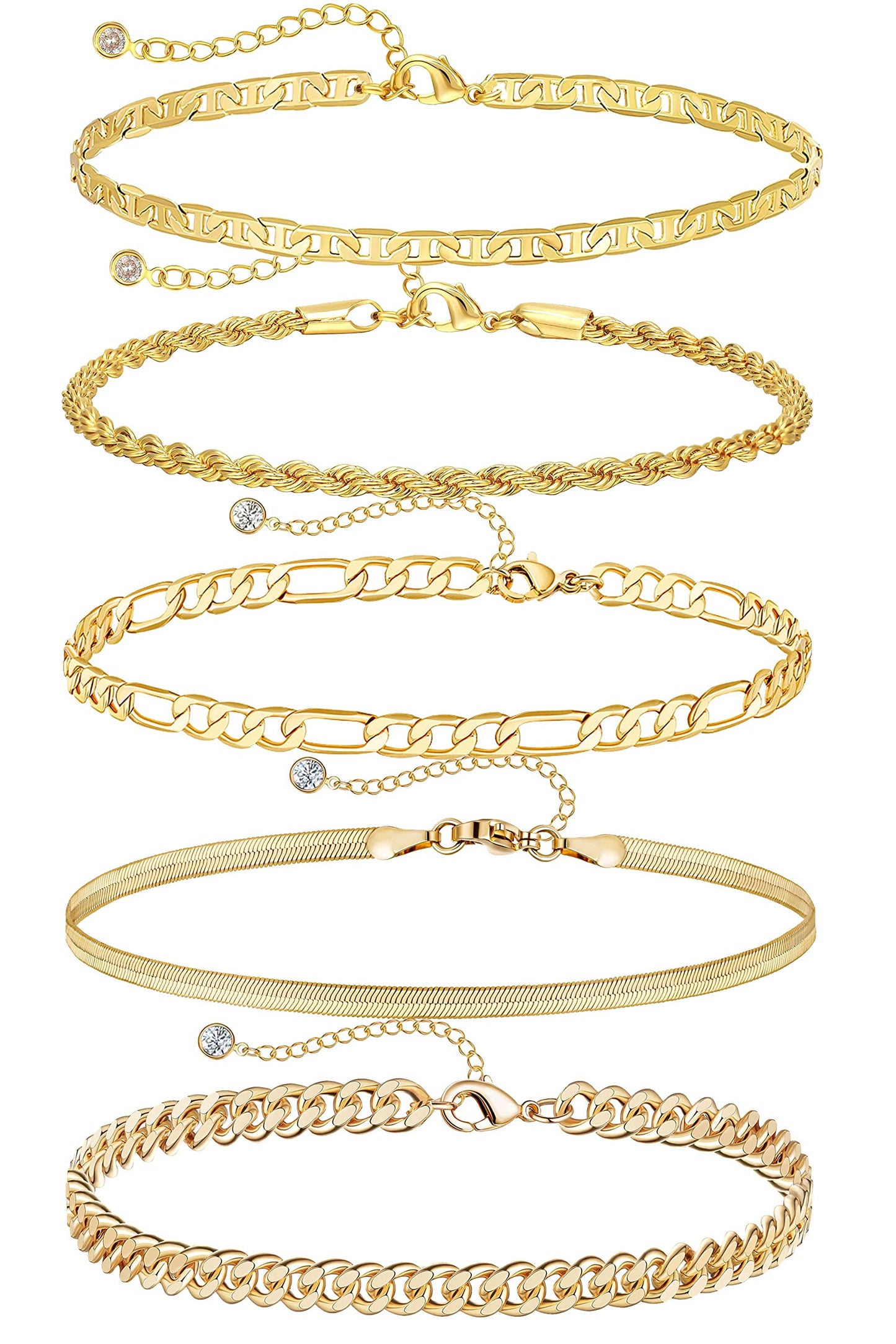 DEARMAY 14K Gold Plated Anklets Waterproof Ankle Bracelets for Women Cuban Link Anklet Bracelets Cute Figaro Paperclip Rope Herringbone Set Jewelry