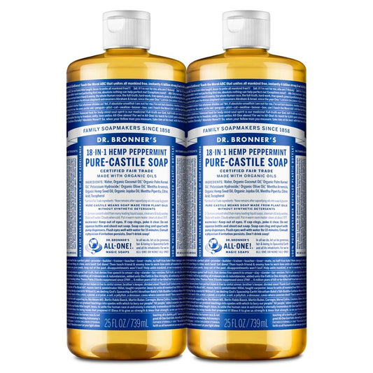 Dr. Bronner's - Pure-Castile Liquid Soap (Peppermint, 25 ounce) - Made with Organic Oils, 18-in-1 Uses: Face, Body, Hair, Laundry, Pets and Dishes, Concentrated, Vegan, Non-GMO (2-Pack)