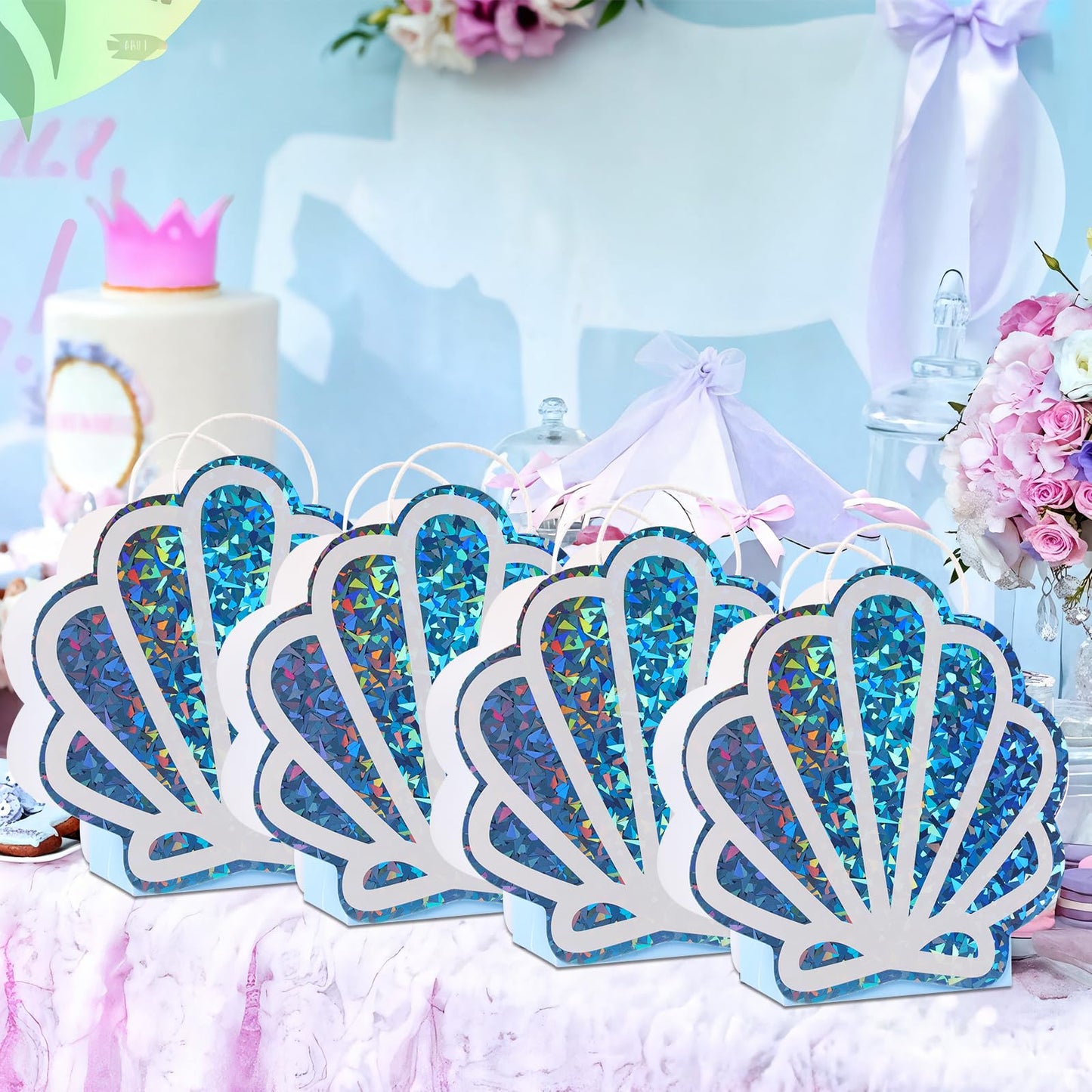 Sariiraw 24 Pack Mermaid Party Favor Bags with Handles, Holographic Seashell Goodie Bags for Under The Sea Theme Party Decorations, Mermaid Birthday, Baby Shower Supplies, 4.7"x3.1"x8.3"