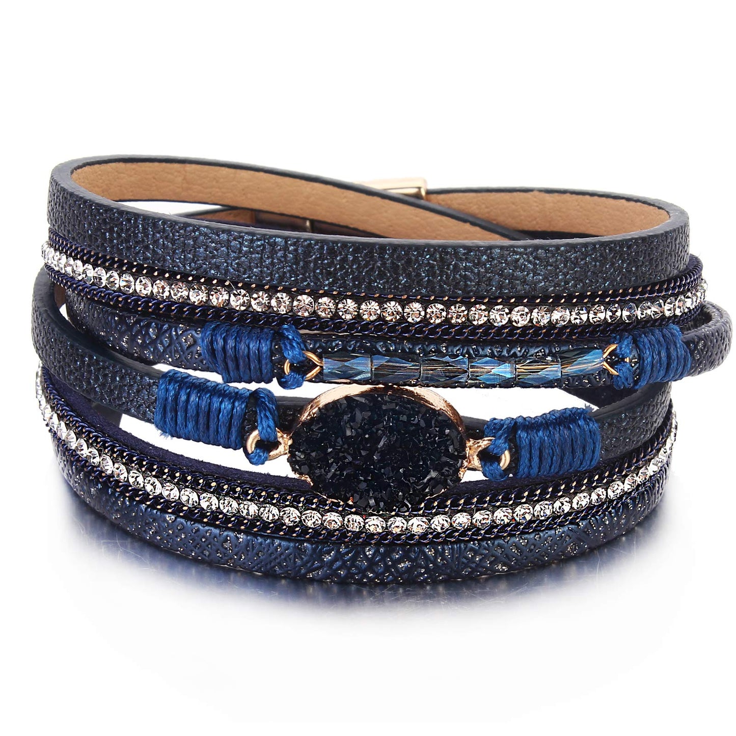 FANCY SHINY Boho Leather Wrap Bracelet Stackable Chunky Crystal Cuff Bracelets with Magnetic Clasp Cowboy Cowgirl Western Summer Beach Outfits Jewelry Gifts for Women (14.7", Navy Blue)